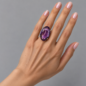 Mano elegante con anillo de amatista púrpura