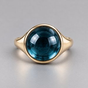 Anillo dorado con gema azul verdosa